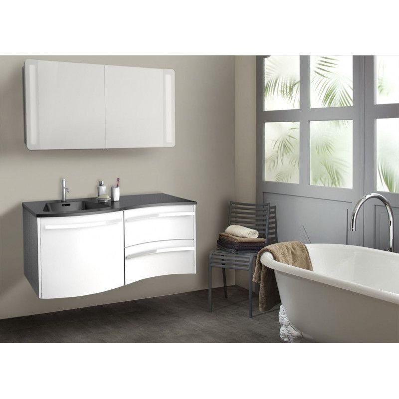Ensemble salle de bain 120 cm meuble blanc + vasque noire + armoire LED POLY