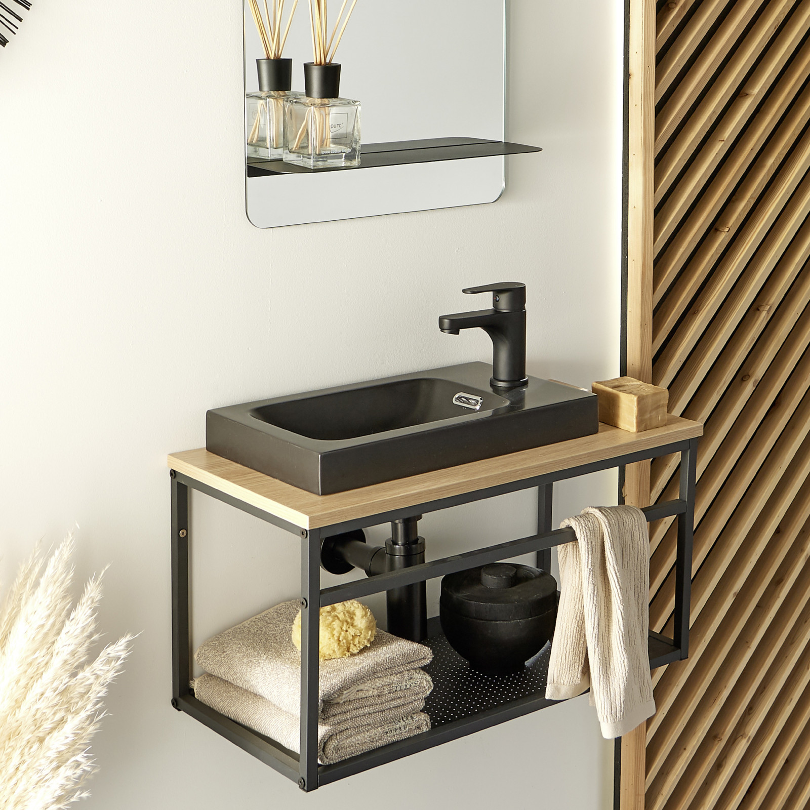 Meuble lave-mains en Bois et Métal avec vasque Noire WILL Meuble lave-mains en Bois et Métal avec vasque Noire WILL