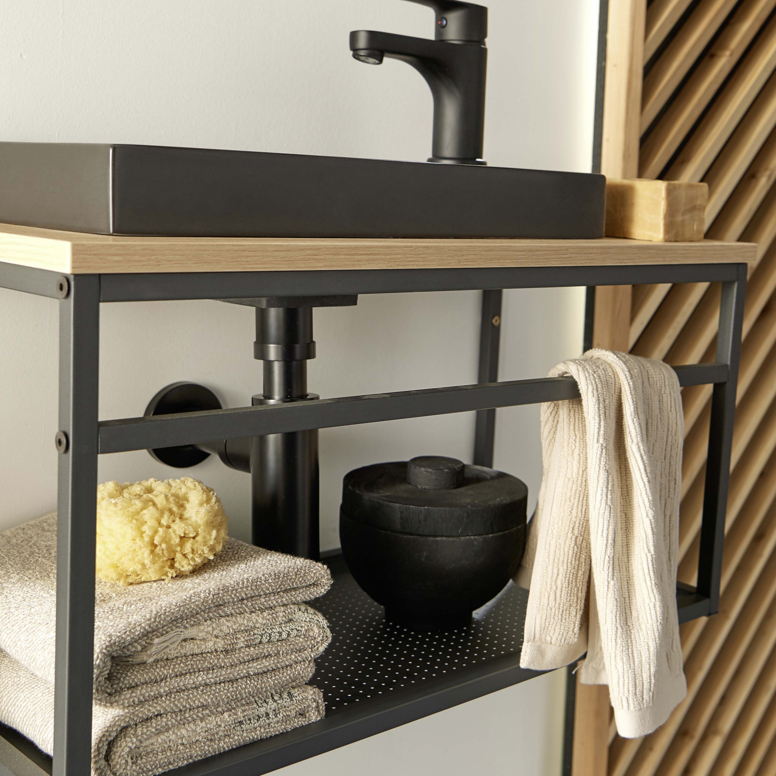Meuble lave-mains en Bois et Métal avec vasque Noire WILL Meuble lave-mains en Bois et Métal avec vasque Noire WILL