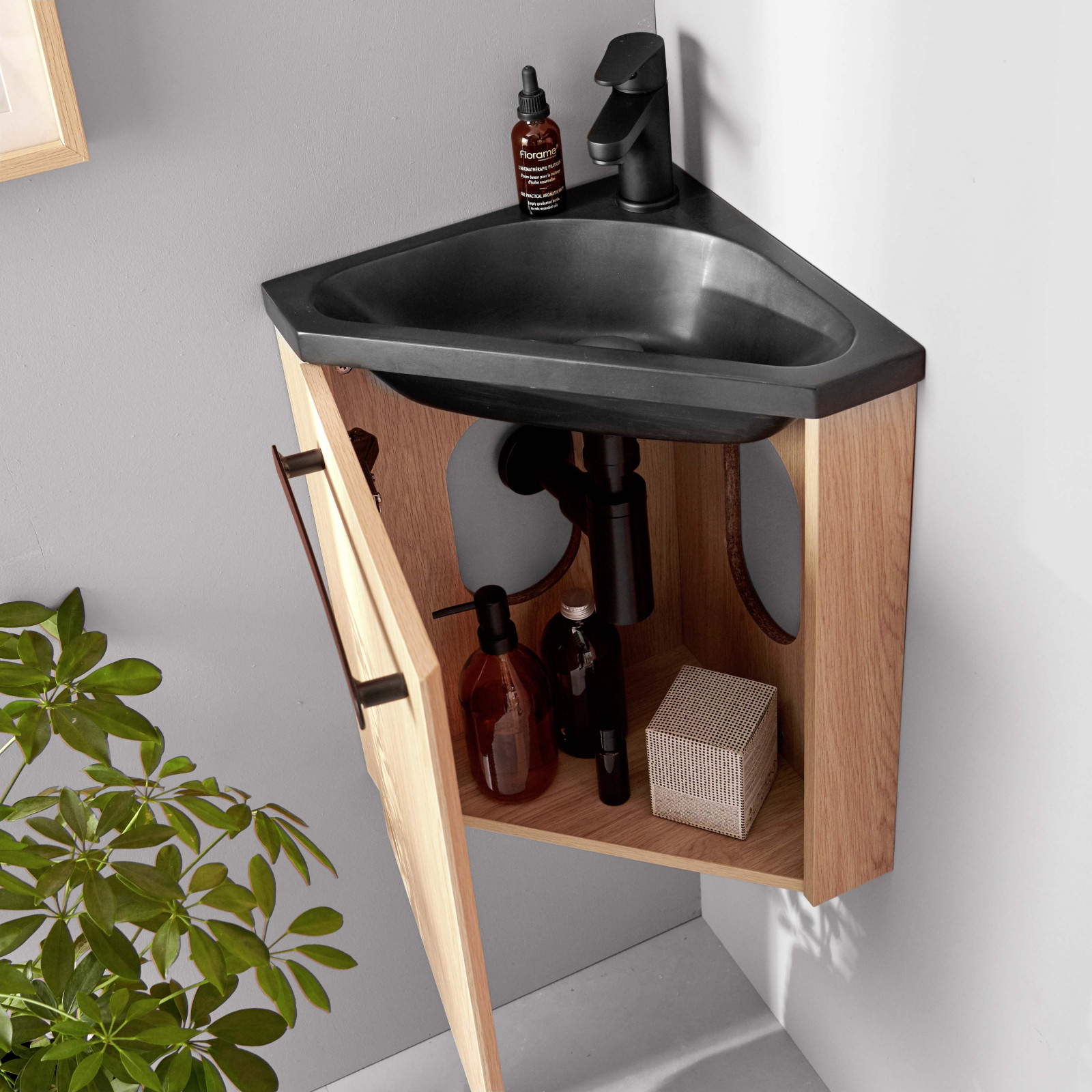 Meuble lave-mains d'angle décor chêne SKINO avec vasque noire