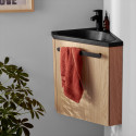 Lave-mains d'angle SKINO décor chêne avec vasque résine et robinet noir