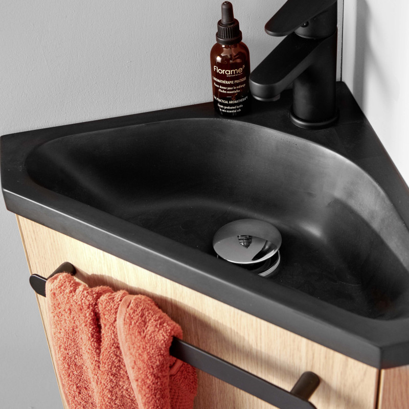 Lave-mains d'angle SKINO décor chêne avec vasque résine et robinet noir