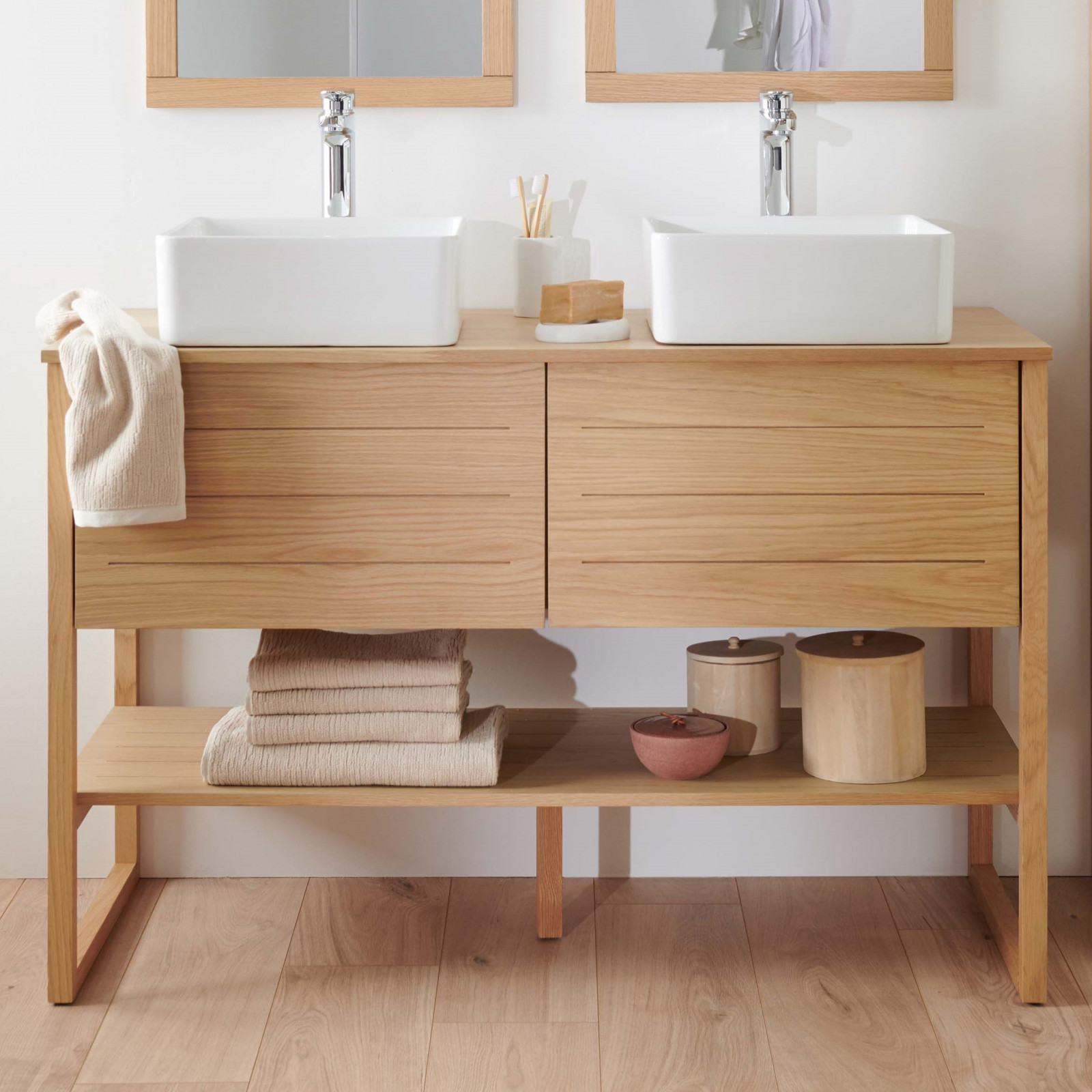 Meuble de salle de bain 120 cm avec vasques blanches carrées ATOLL