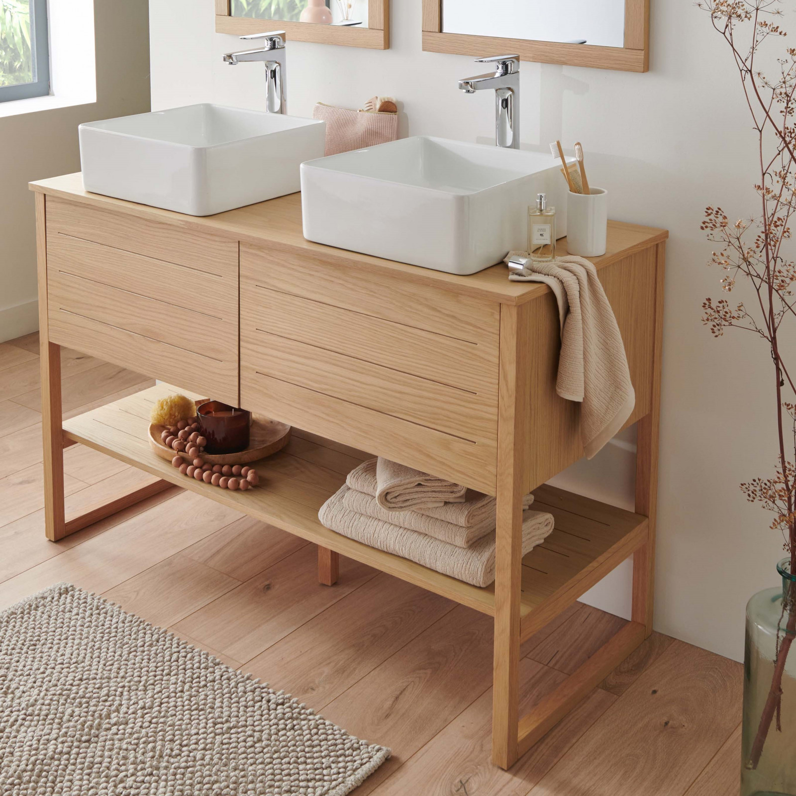 Meuble de salle de bain 120 cm avec vasques blanches carrées ATOLL