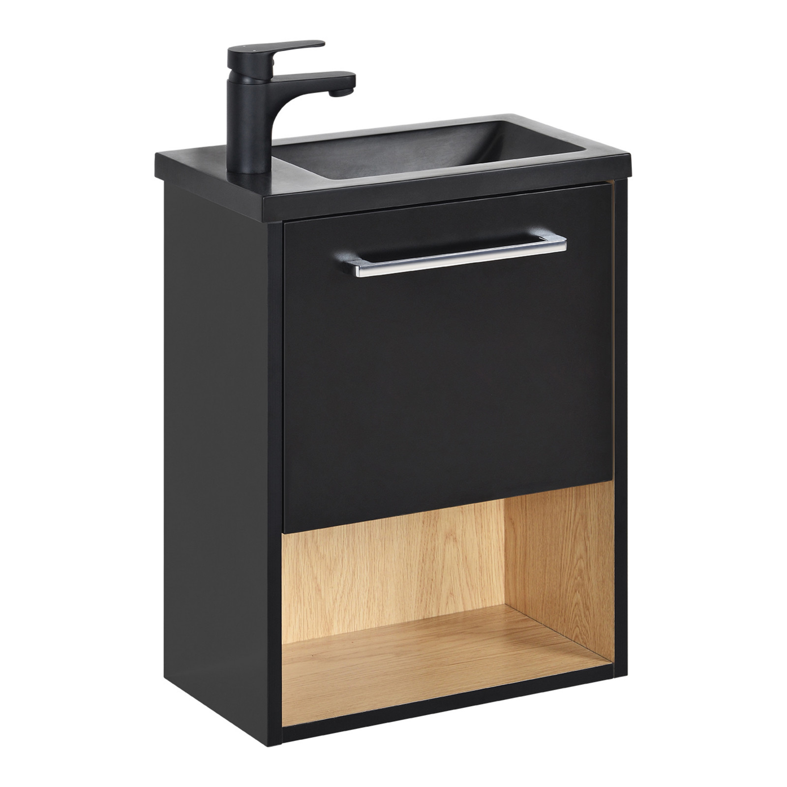 Meuble lave-mains décor chêne intérieur noir extérieur vasque noire NIKA avec robinet noir