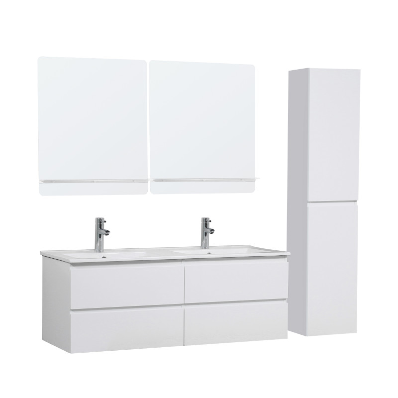 Ensemble meuble double vasque blanc 120cm + vasque + 2 miroirs + 2 robinets chromés + colonne