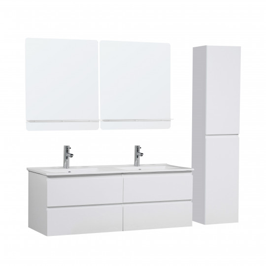 ENSEMBLE MSDB SORRENTO 120CM BLANC LAQUE + COLONNE BLANC LAQUE + MIR BLC SORRENTO X2 + ROBINET x2