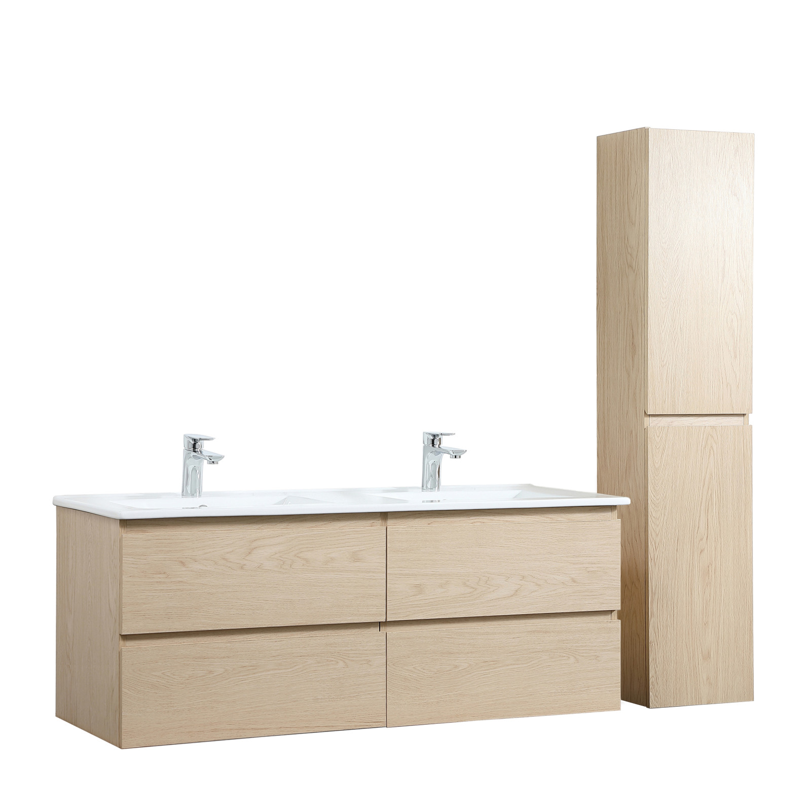 Ensemble meuble double vasque décor chêne 120cm + vasque + colonne