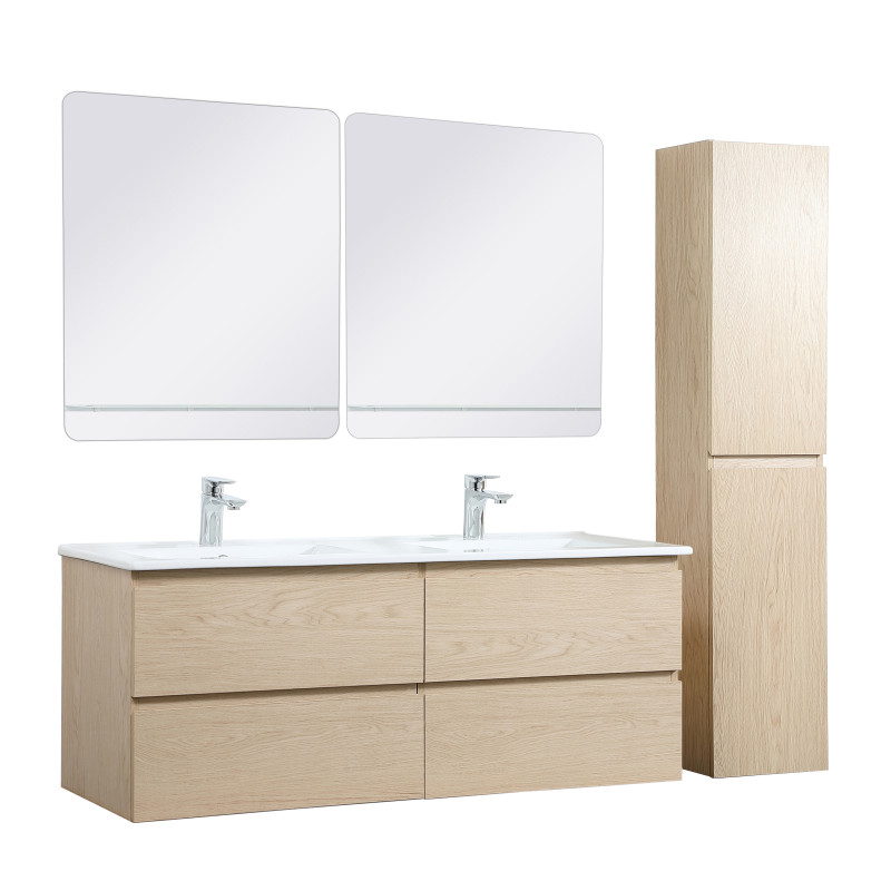 Ensemble meuble double vasque décor chêne 120cm + vasque + 2 miroirs + colonne