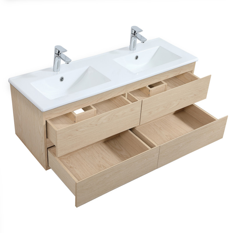Ensemble meuble double vasque décor chêne 120cm + vasque + 2 miroirs + colonne