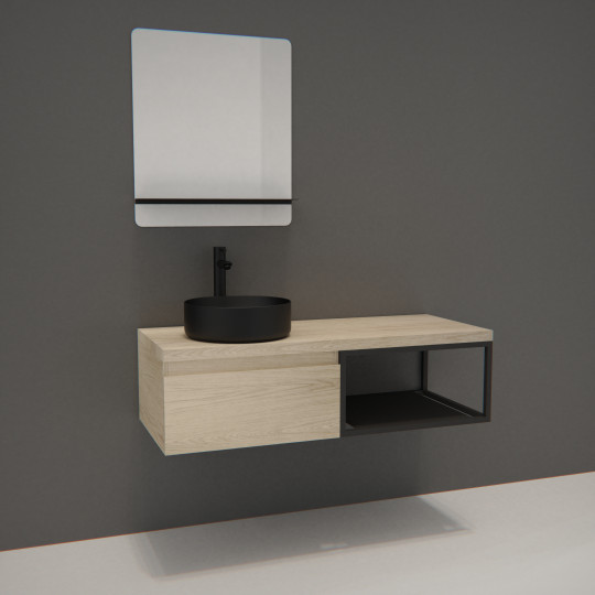 Meuble de salle de bain bois et métal avec vasque noire et miroir WILL