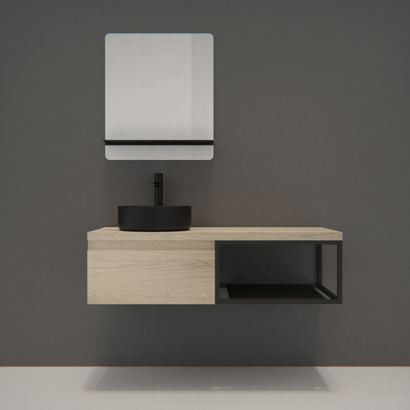 Meuble de salle de bain bois et métal avec vasque noire et miroir WILL