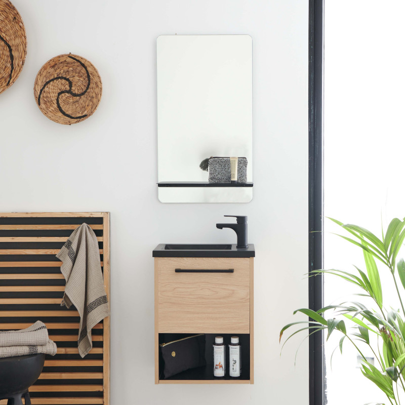 Meuble lave-mains décor chêne intérieur noir vasque noire NIKA avec robinet noir et miroir