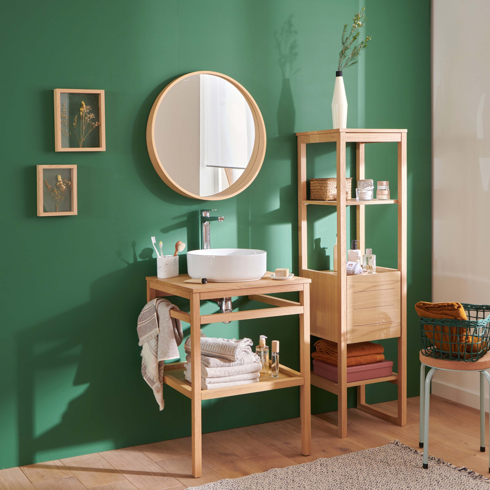 Meuble de salle de bain 60 cm HOPP avec colonne, miroir et vasque ronde DIEGO