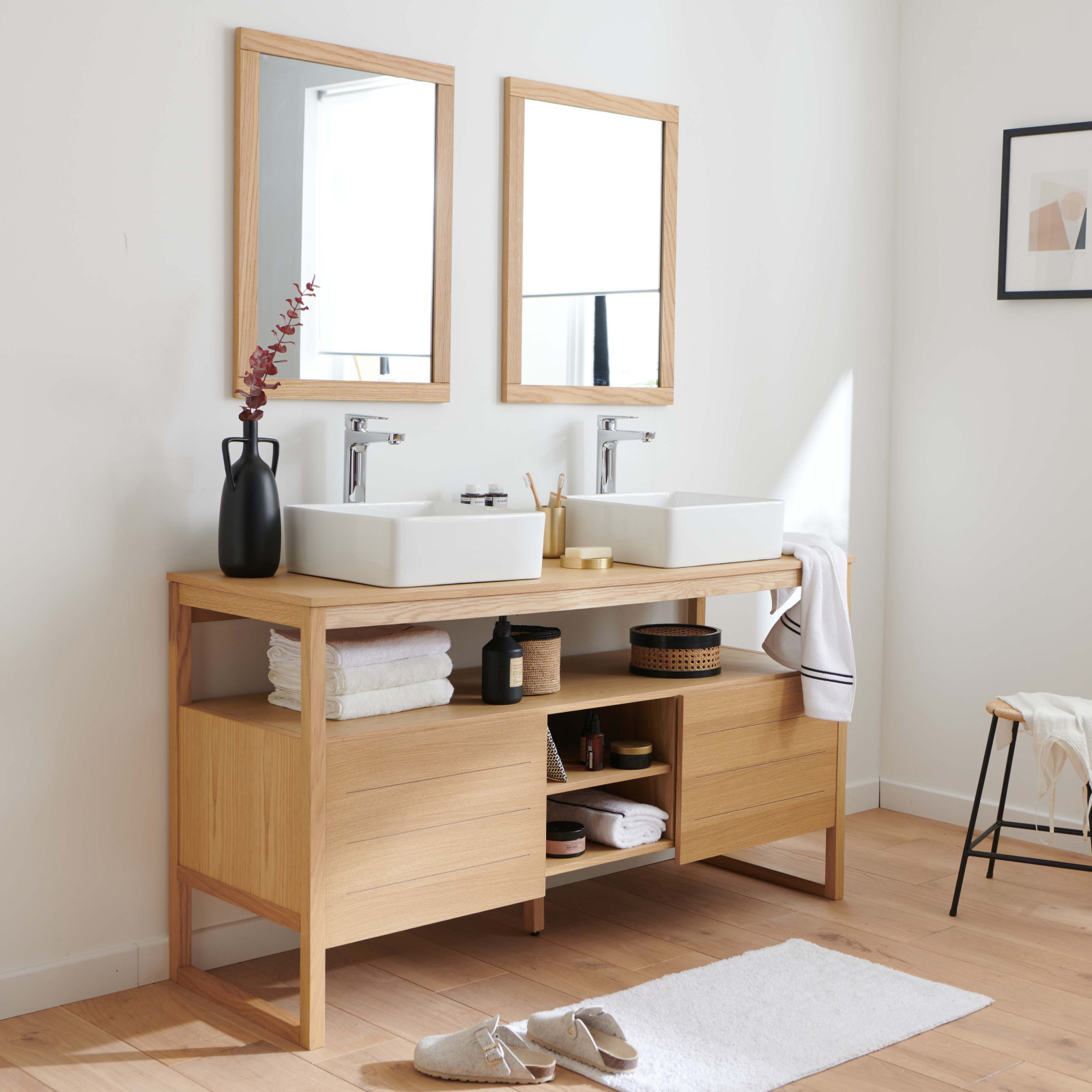 Meuble de Salle De Bain Chêne 140 cm ATOLL + 2 Miroirs + 2 Vasques carrées Meuble de Salle De Bain Chêne 140 cm ATOLL + 2 Miroirs + 2 Vasques carrées