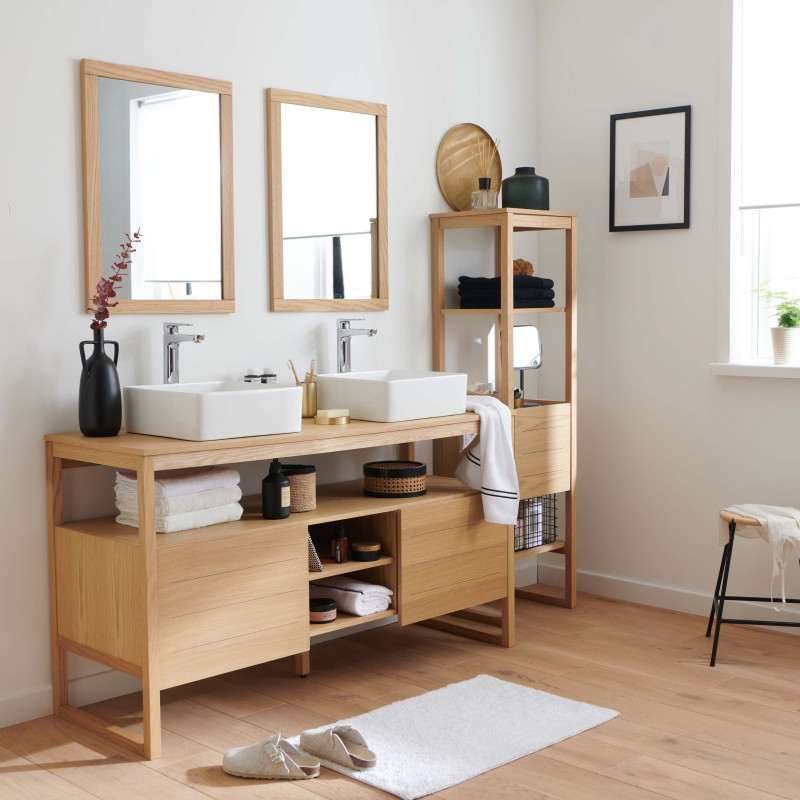 Meuble de Salle De Bain Chêne 140 cm ATOLL + Colonne + 2 Miroirs + 2 Vasques carrées