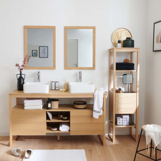 Meuble de Salle De Bain Chêne 140 cm ATOLL + Colonne + 2 Miroirs + 2 Vasques carrées