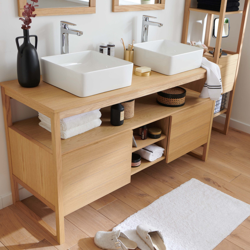 Meuble de Salle De Bain Chêne 140 cm ATOLL + Colonne + 2 Miroirs + 2 Vasques carrées