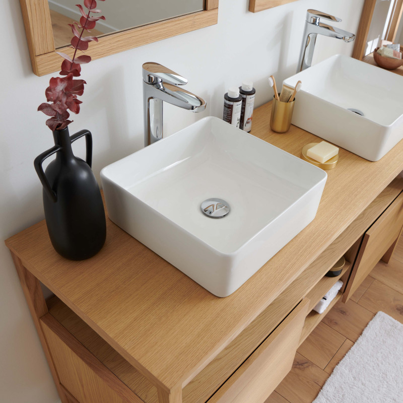 Meuble de Salle De Bain Chêne 140 cm ATOLL + Colonne + 2 Miroirs + 2 Vasques carrées