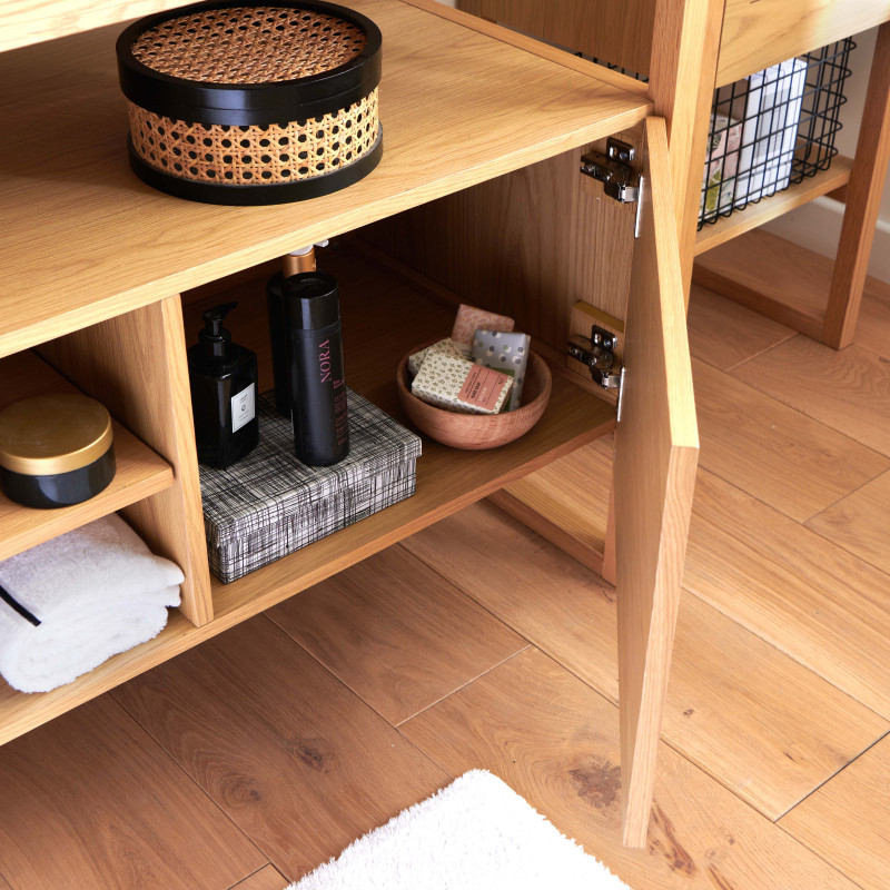 Meuble de Salle De Bain Chêne 140 cm ATOLL + Colonne + 2 Miroirs + 2 Vasques carrées