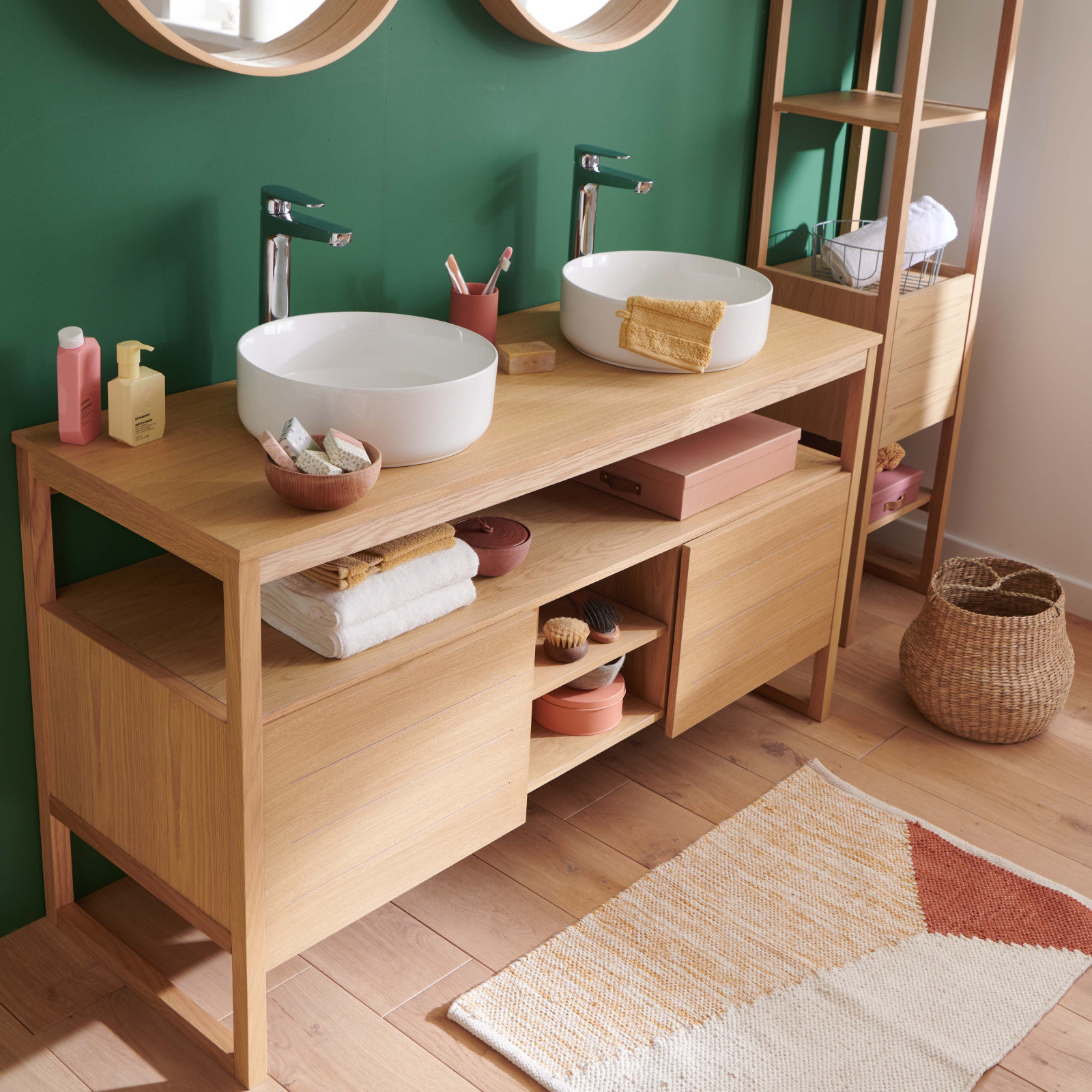 Meuble de Salle De Bain Chêne 140 cm ATOLL + 2 Miroirs + 2 Vasques rondes blanches Meuble de Salle De Bain Chêne 140 cm ATOLL + 2 Miroirs + 2 Vasques rondes blanches