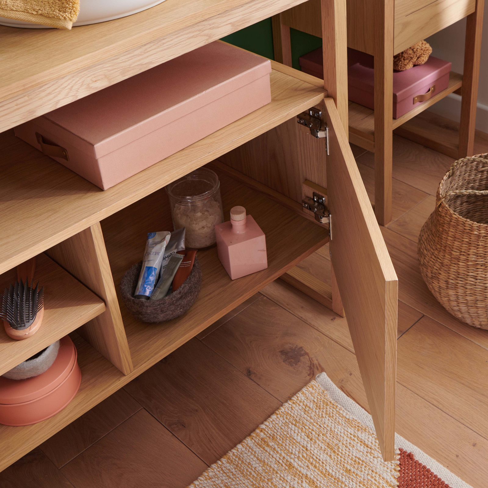 Meuble de Salle De Bain Chêne 140 cm ATOLL + Colonne + 2 Miroirs + 2 Vasques rondes blanches Meuble de Salle De Bain Chêne 140 cm ATOLL + Colonne + 2 Miroirs + 2 Vasques rondes blanches