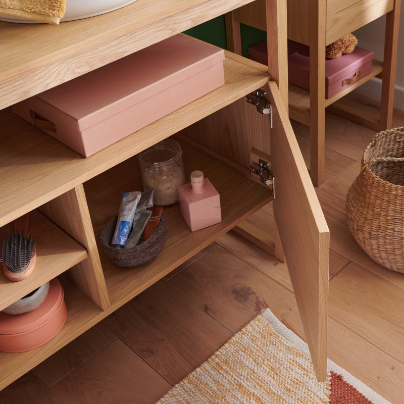 Meuble de Salle De Bain Chêne 140 cm ATOLL + Colonne + 2 Miroirs + 2 Vasques rondes blanches