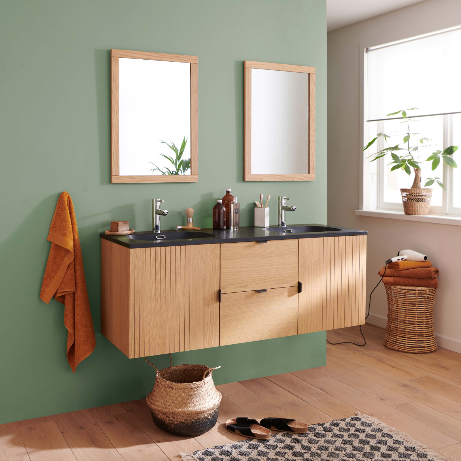 Meuble de salle de bain suspendu 140 cm STUDIO avec vasque et miroirs carrés