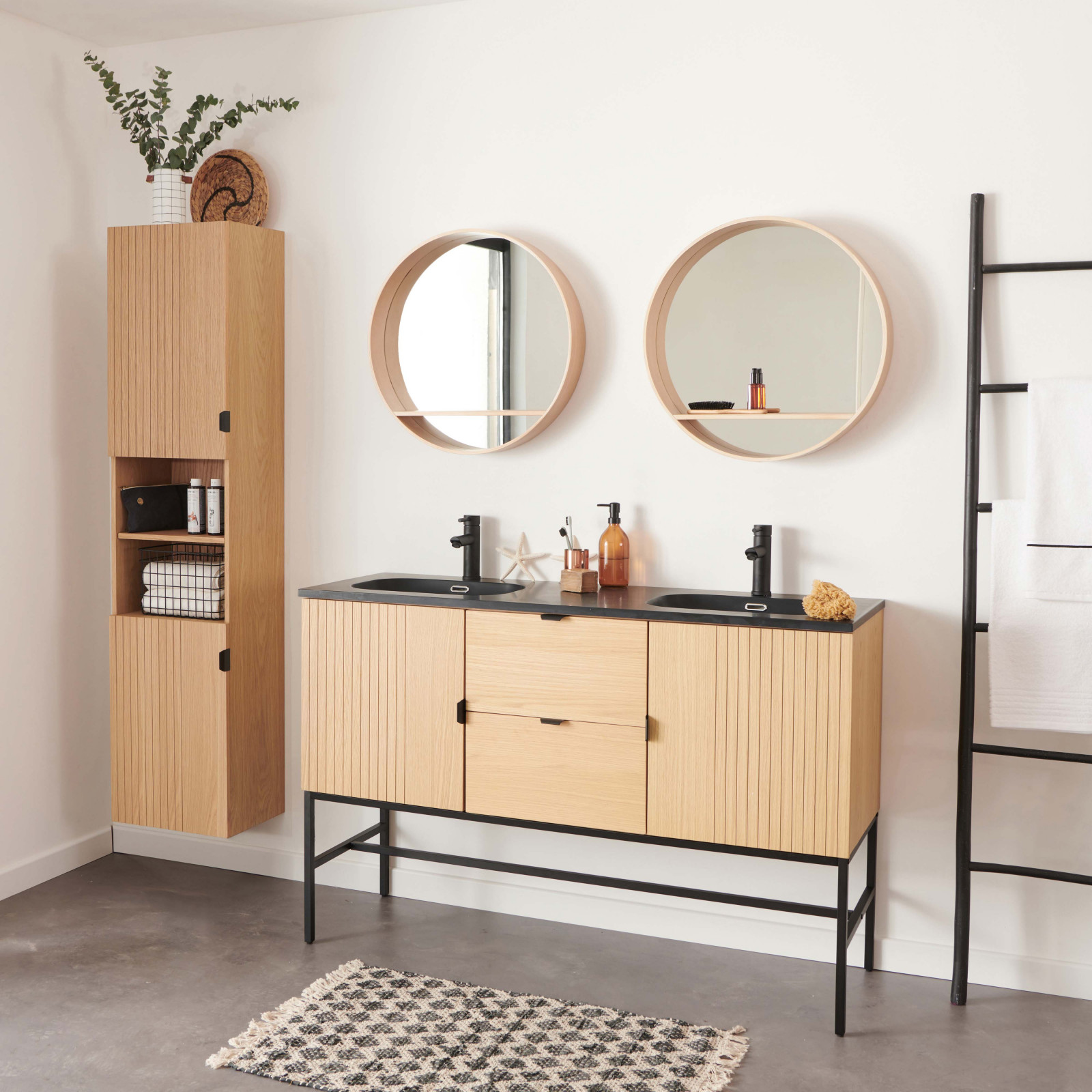 Meuble de salle de bain sur pieds 140 cm STUDIO avec vasque, colonne et miroirs ronds