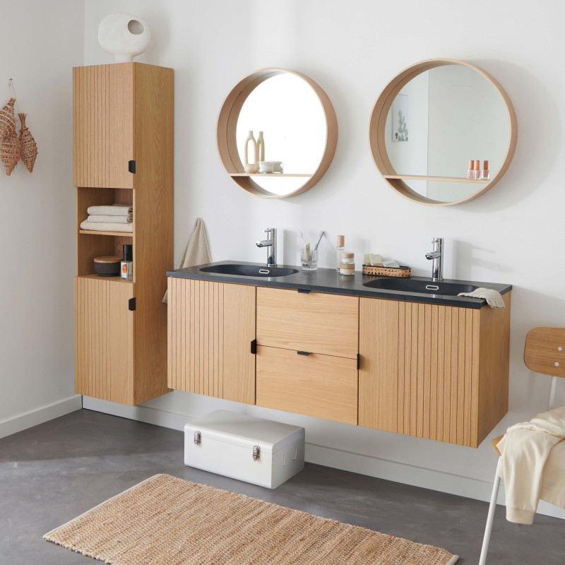 Meuble de salle de bain suspendu 140 cm STUDIO avec vasque, colonne et miroirs ronds