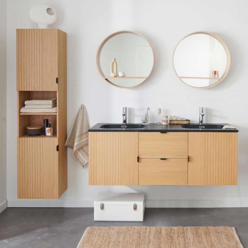 Meuble de salle de bain suspendu 140 cm STUDIO avec vasque, colonne et miroirs ronds