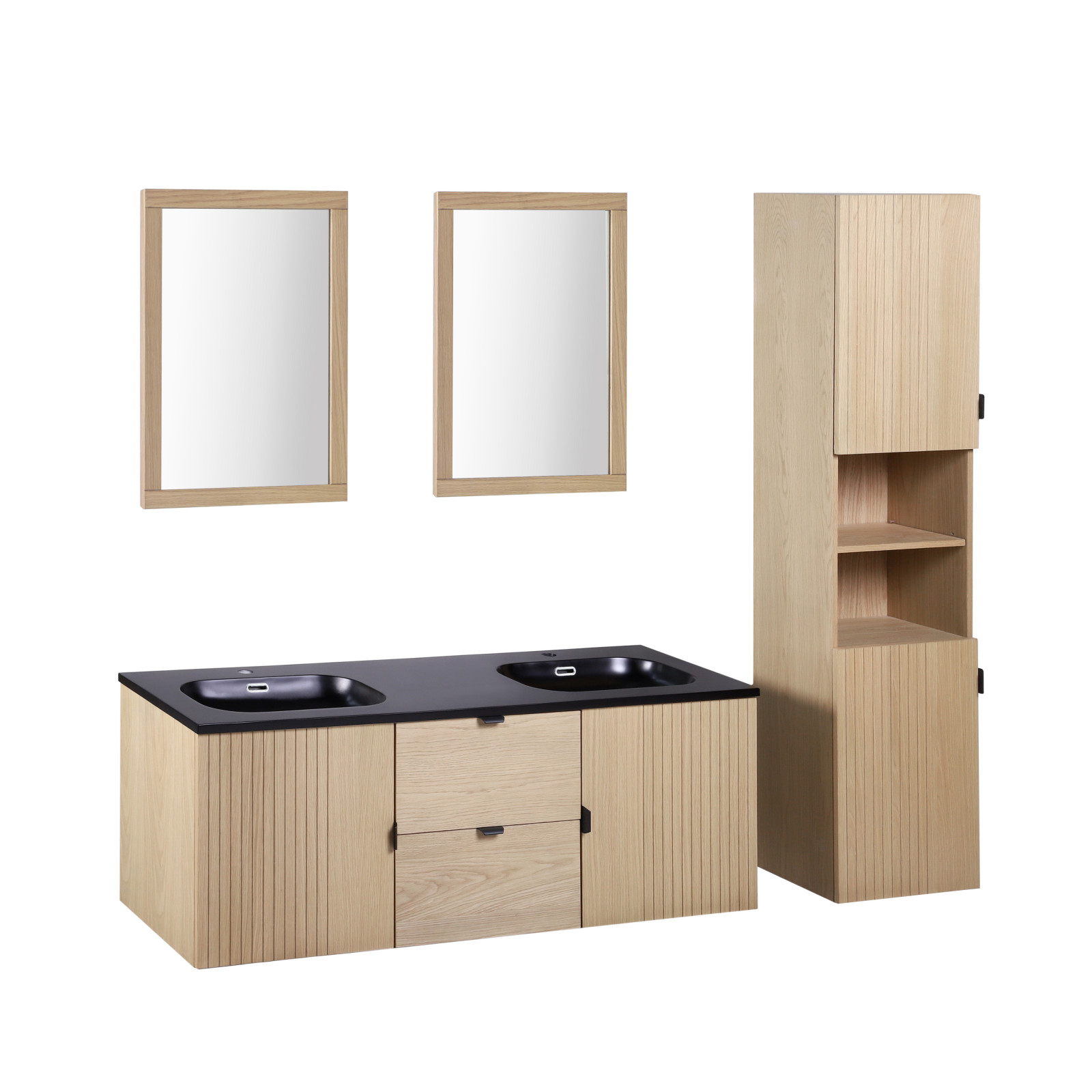 Meuble de salle de bain suspendu 140 cm STUDIO avec vasque, colonne et miroirs carrés
