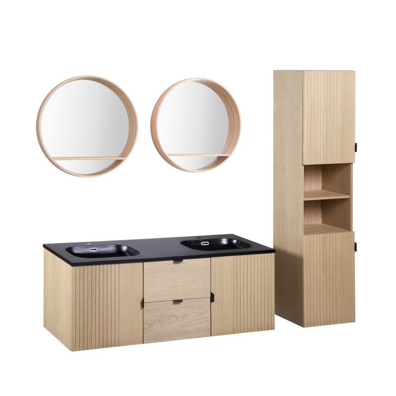 Meuble de salle de bain suspendu 140 cm STUDIO avec vasque, colonne et miroirs ronds