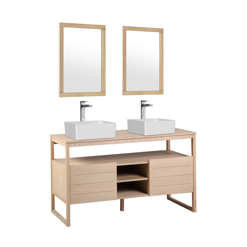 Meuble de Salle De Bain Chêne 140 cm ATOLL + 2 Miroirs + 2 Vasques carrées