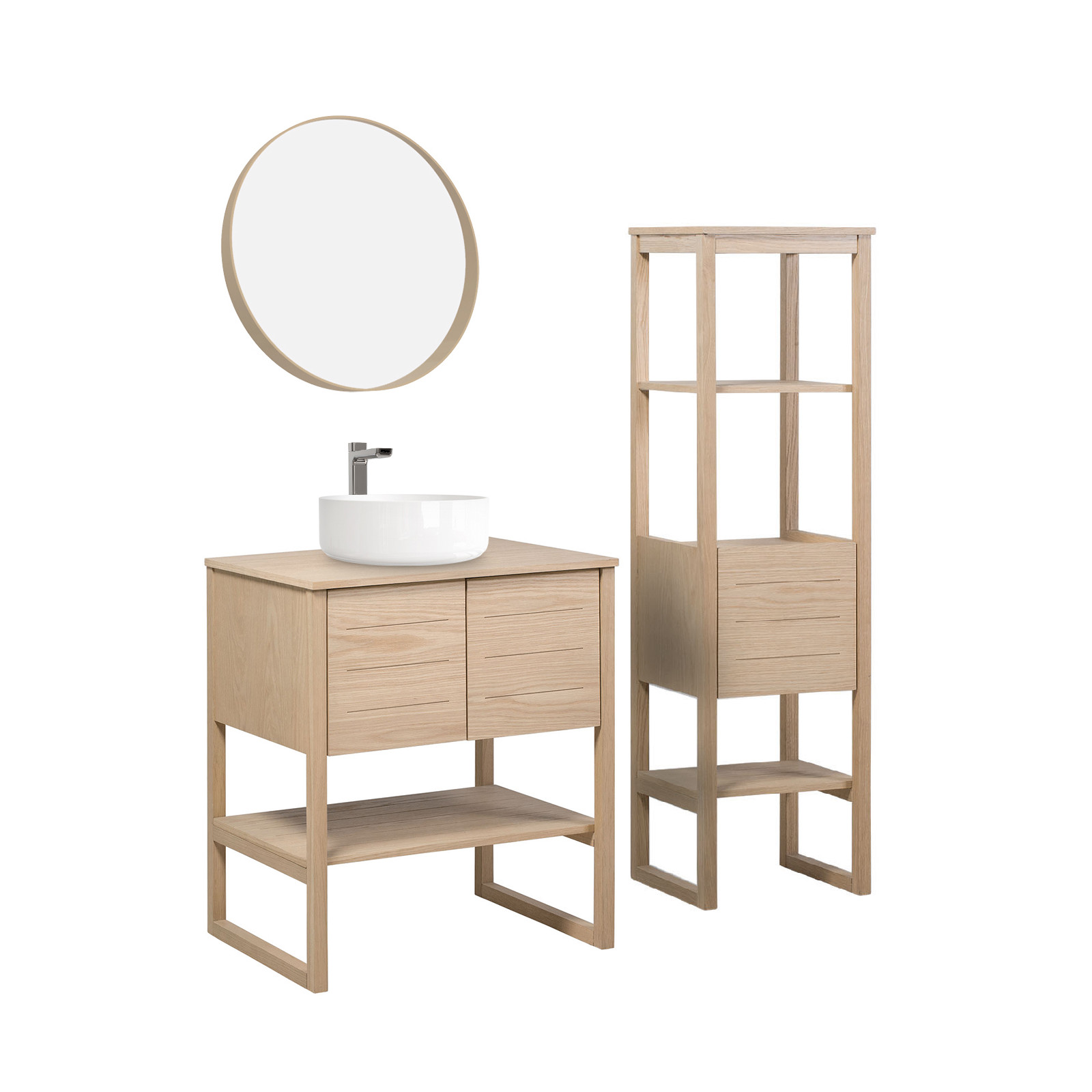 Meuble de Salle De Bain Chêne 70 cm ATOLL + Colonne + Miroir Rond 60 cm + Vasque ronde 37 cm