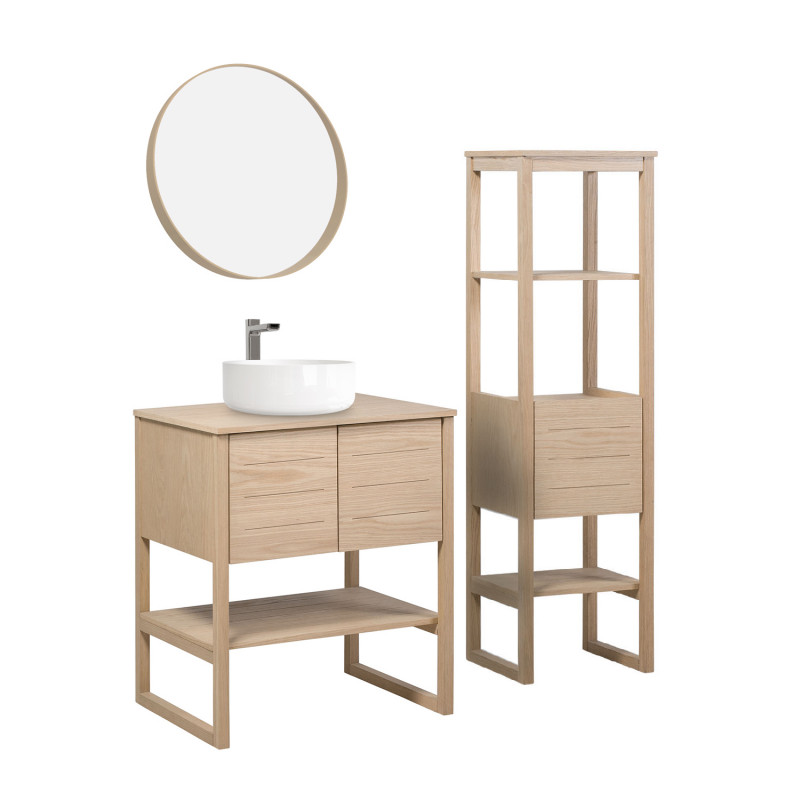 Meuble de Salle De Bain Chêne 70 cm ATOLL + Colonne + Miroir Rond 60 cm + Vasque ronde 37 cm