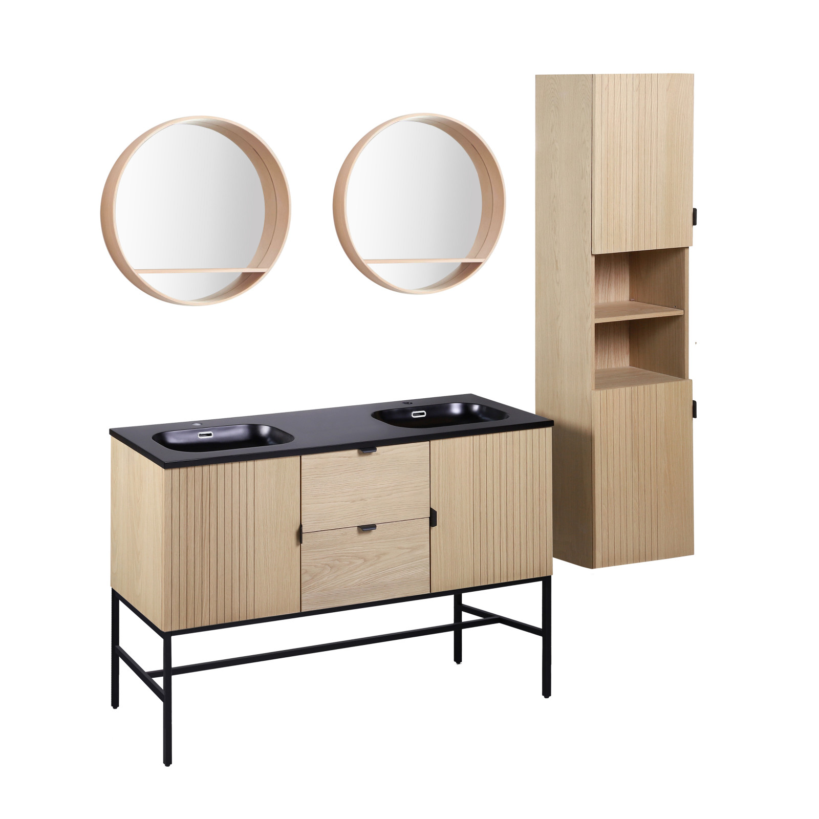 Meuble de salle de bain sur pieds 140 cm STUDIO avec vasque, colonne et miroirs ronds