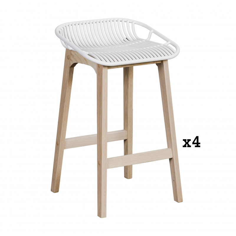Tabourets de bar en chêne et assise blanche 65 cm MALMO - Lot de 4