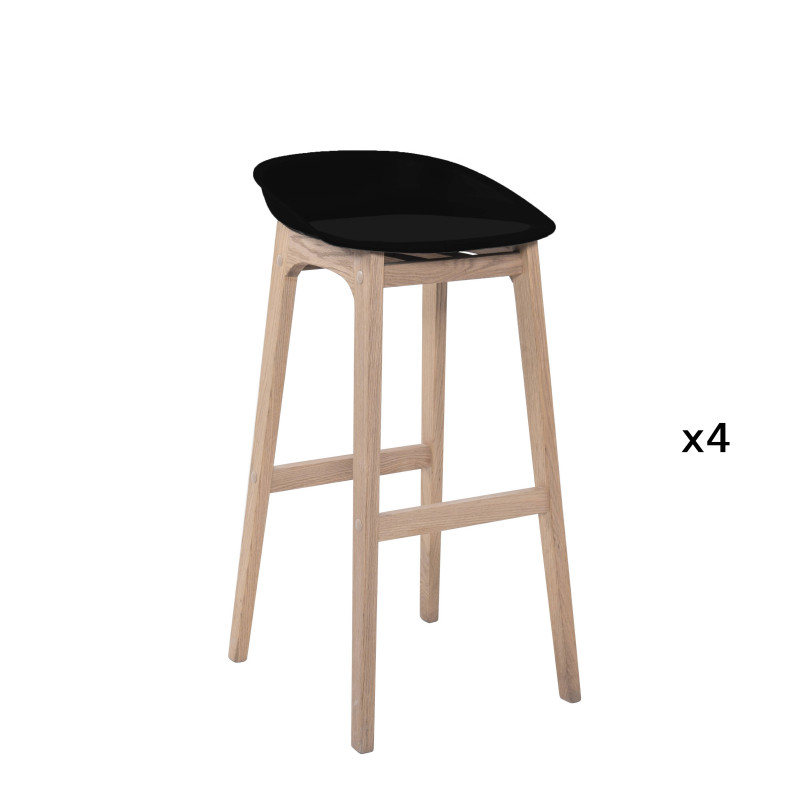 Tabourets de bar en chêne et assise noire 75 cm RIVA - Lot de 4