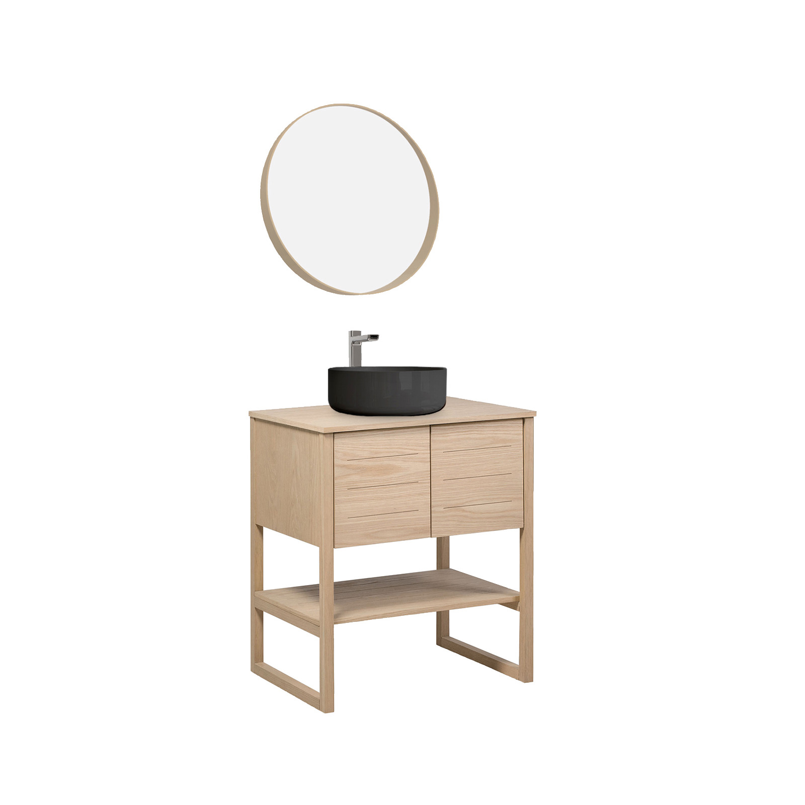 Meuble de Salle De Bain Chêne 70 cm ATOLL + Miroir Rond 60 cm + Vasque ronde noire 37 cm
