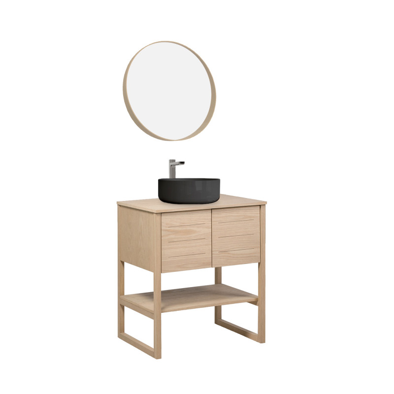 Meuble de Salle De Bain Chêne 70 cm ATOLL + Miroir Rond 60 cm + Vasque ronde noire 37 cm