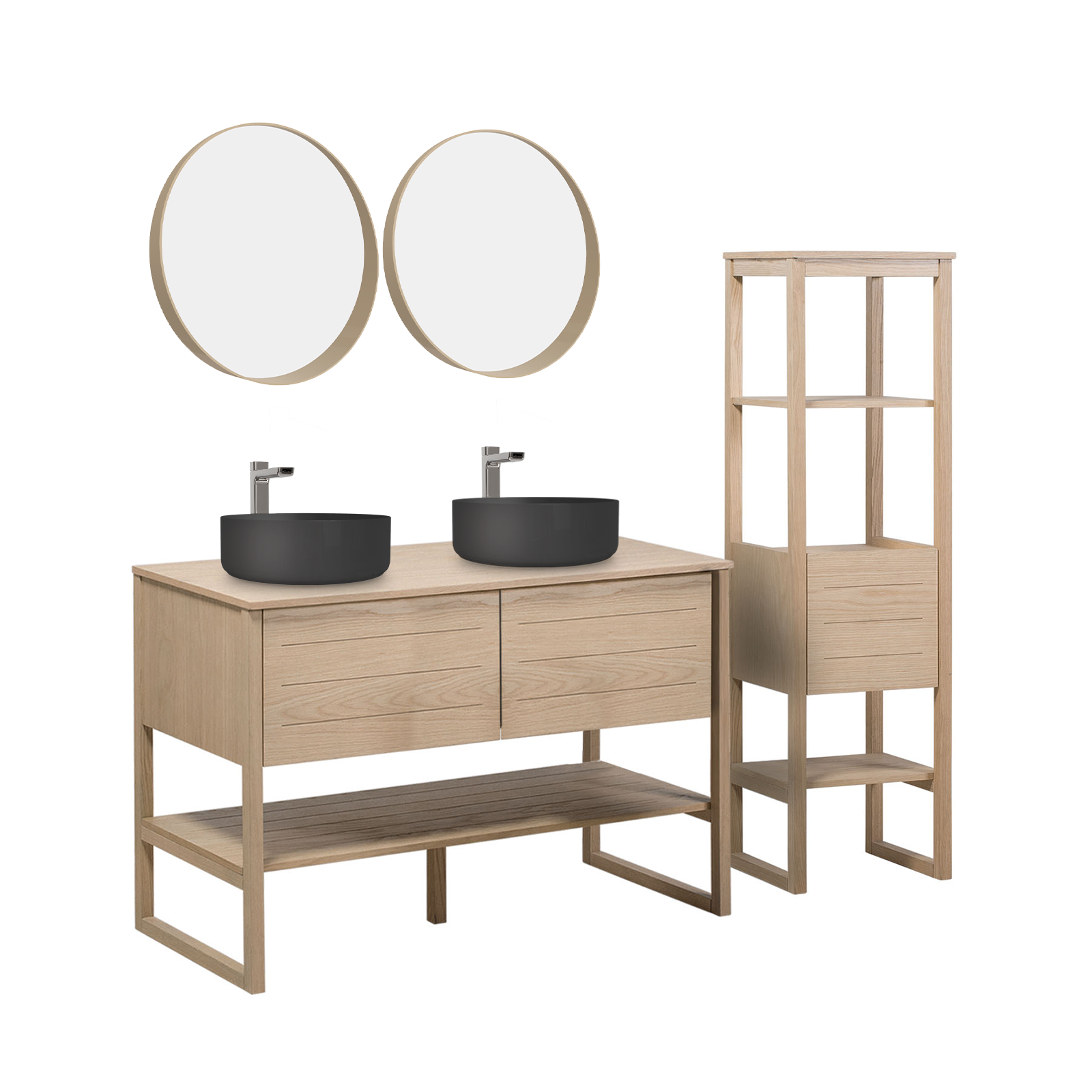 Meuble de Salle De Bain Chêne 120 cm + Colonne ATOLL + 2 Miroirs ronds 60 cm + 2 Vasques rondes noires 37 cm