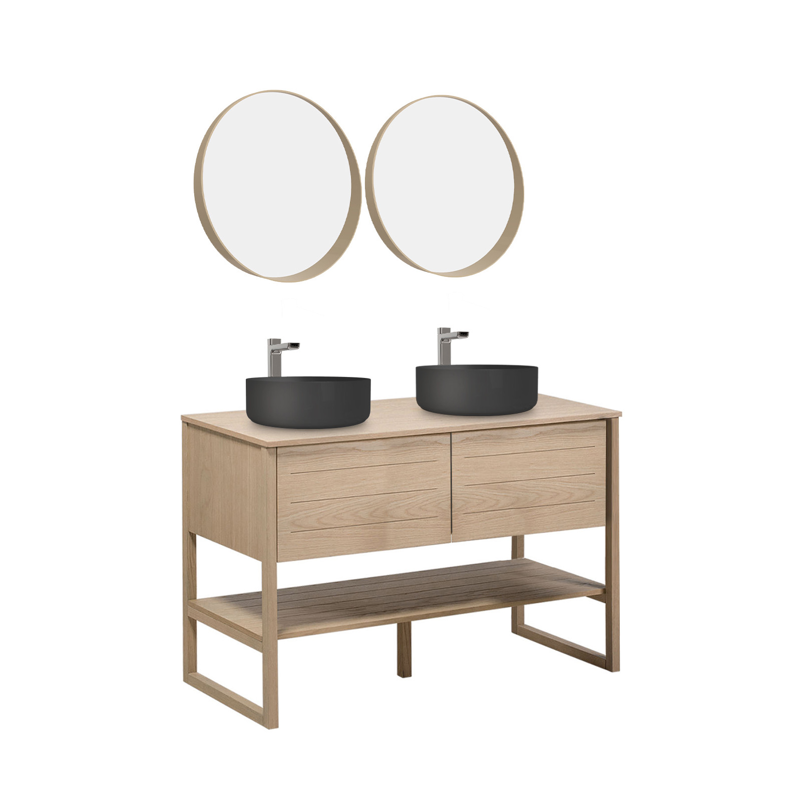 Meuble de Salle De Bain Chêne 120 cm + 2 Miroirs ronds 60 cm + 2 Vasques rondes noires 37 cm Meuble de Salle De Bain Chêne 120 cm + 2 Miroirs ronds 60 cm + 2 Vasques rondes noires 37 cm