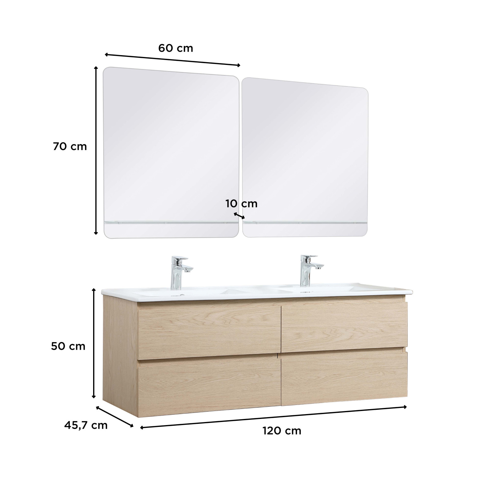 Ensemble meuble double vasque décor chêne 120cm + plan double vasque + 2 miroirs