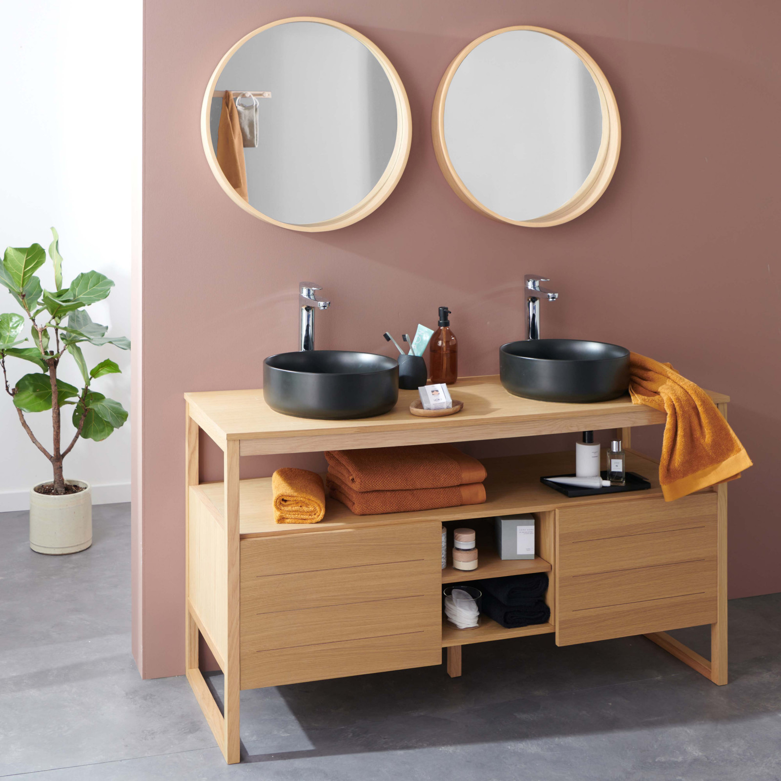 Meuble de Salle De Bain Chêne 140 cm ATOLL + 2 Miroirs + 2 Vasques rondes noires