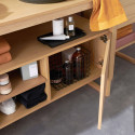 Meuble de Salle De Bain Chêne 140 cm ATOLL + Colonne + 2 Miroirs + 2 Vasques rondes noires