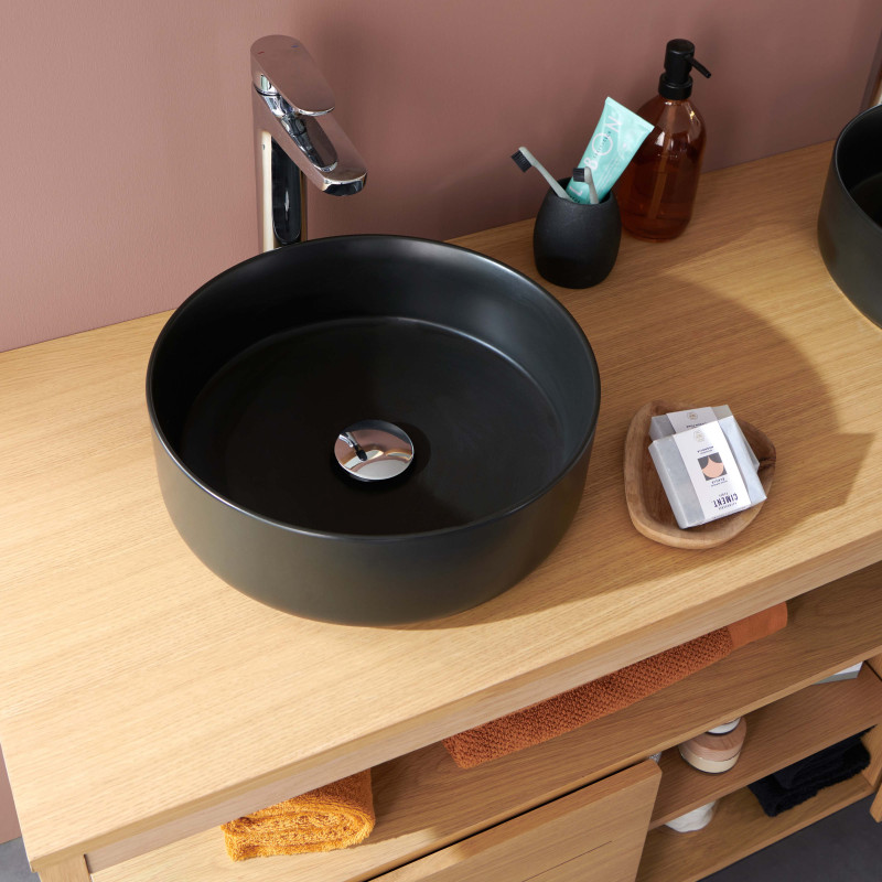 Meuble de Salle De Bain Chêne 140 cm ATOLL + Colonne + 2 Miroirs + 2 Vasques rondes noires