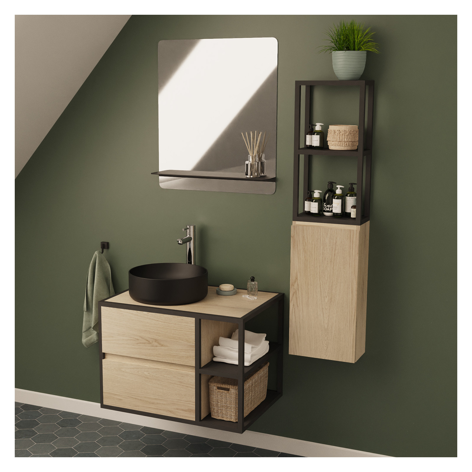 Meuble de salle de bain 70 cm EDISSON avec colonne, miroir et vasque