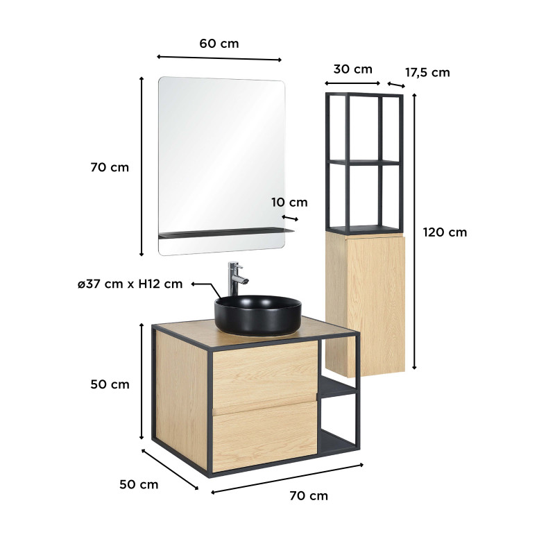 Meuble de salle de bain 70 cm EDISSON avec colonne, miroir et vasque