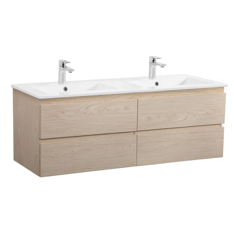 Meuble double vasque décor chêne 120cm + plan double vasque